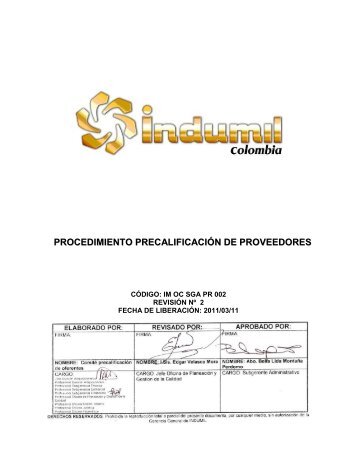 PROCEDIMIENTO PRECALIFICACIÃN DE PROVEEDORES - Indumil