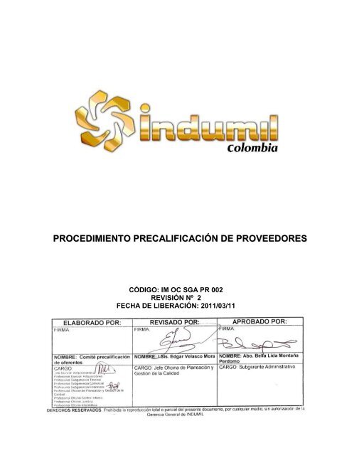 PROCEDIMIENTO PRECALIFICACIÃN DE PROVEEDORES - Indumil