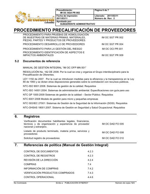 PROCEDIMIENTO PRECALIFICACIÃN DE PROVEEDORES - Indumil