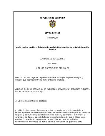 REPUBLICA DE COLOMBIA LEY 80 DE 1993 (octubre 28 ... - Indumil