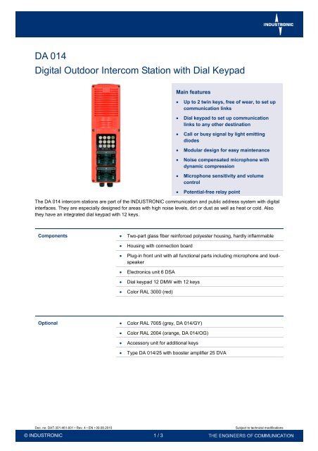 DA 014 Digital Outdoor Intercom Station with Dial ... - Source IEC