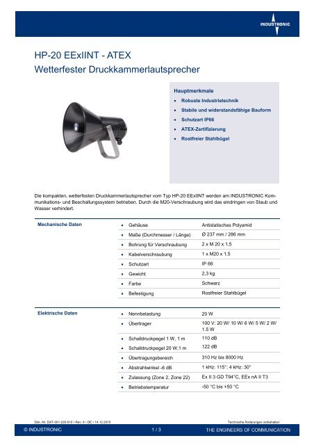 HP-20 EExIINT - ATEX Wetterfester ... - Industronic