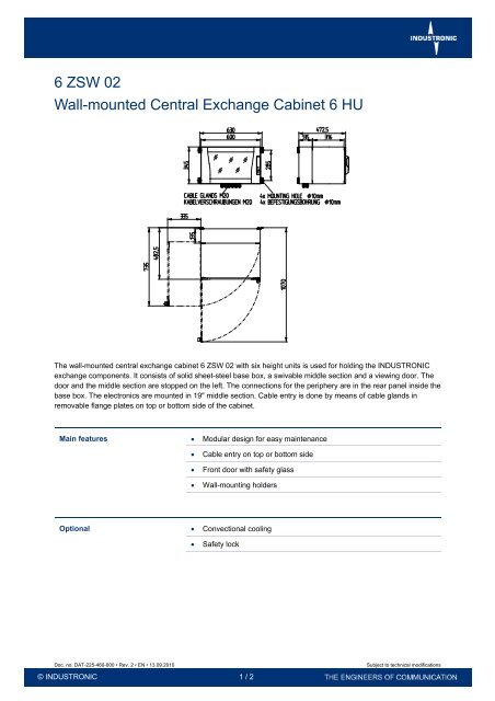 6 ZSW 02 Wall-mounted Central Exchange Cabinet 6 HU - Industronic