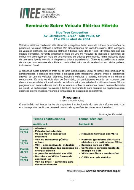 Seminário Sobre Veículo Elétrico Híbrido - INEE