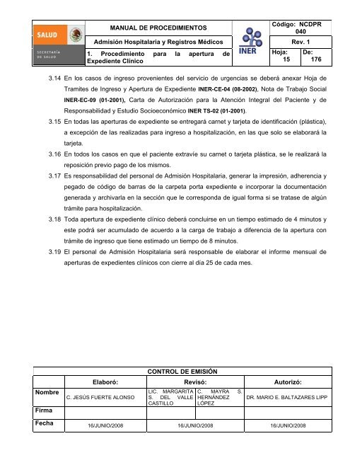 manual de procedimientos de admisiÃ³n hospitalaria - Instituto ...