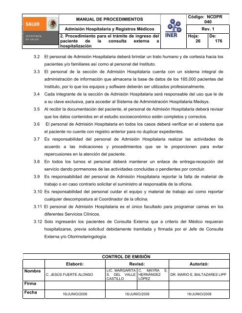 manual de procedimientos de admisiÃ³n hospitalaria - Instituto ...