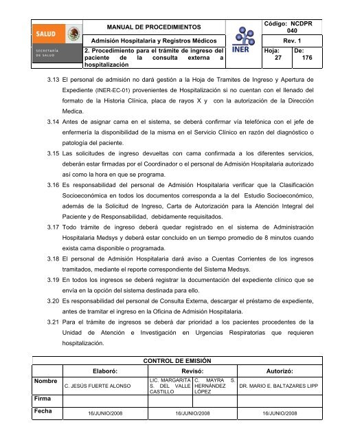 manual de procedimientos de admisiÃ³n hospitalaria - Instituto ...