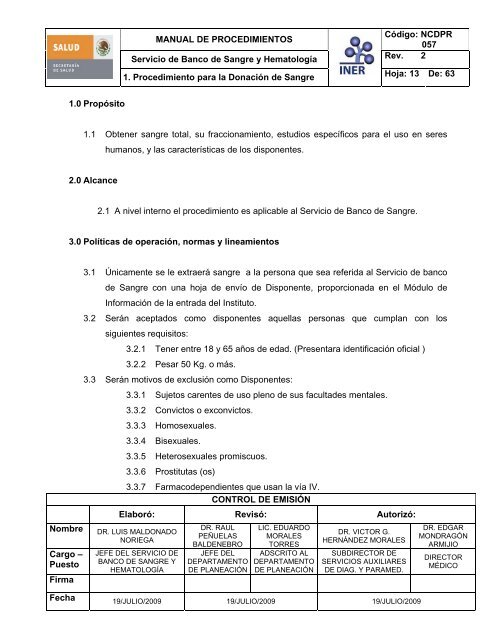 servicio del Banco de Sangre - Instituto Nacional de Enfermedades ...