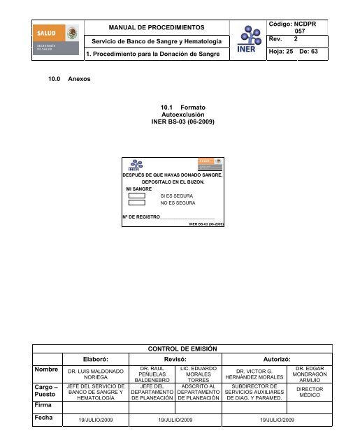 servicio del Banco de Sangre - Instituto Nacional de Enfermedades ...