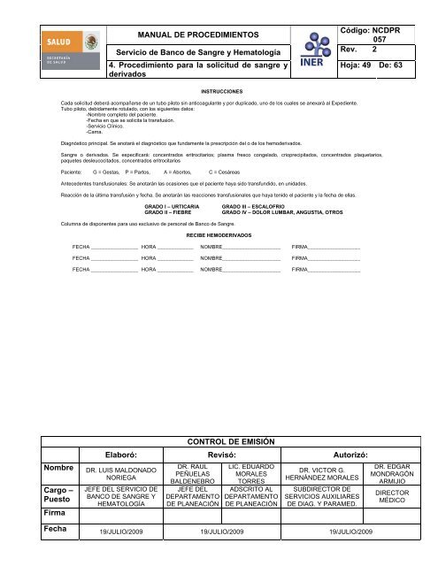 servicio del Banco de Sangre - Instituto Nacional de Enfermedades ...