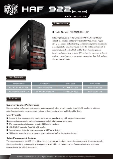 Haf 922 - media torre - atx - sin fuente de alimentacion (eps12v/ ps/2) - negro - USB/audio/e-sata (4719512015223)