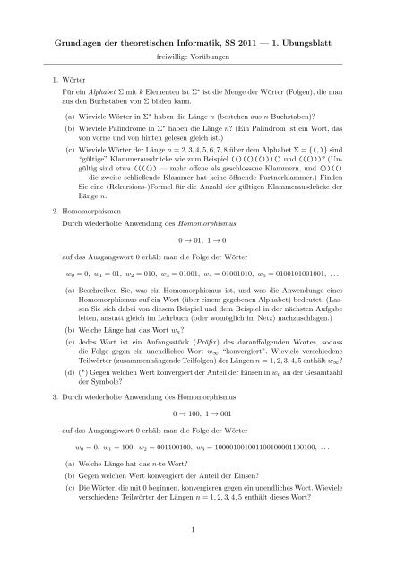 Grundlagen der theoretischen Informatik, SS 2011 â 1. Â¨Ubungsblatt