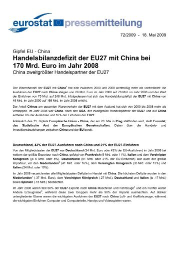 Handelsbilanzdefizit der EU27 mit China bei 170 ... - Eurostat - Europa