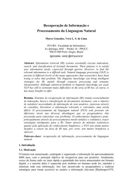 Recuperação de Informação e Processamento da Linguagem Natural