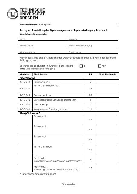 Antrag auf Ausstellung des Diplomzeugnisses