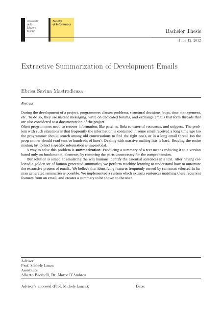 Extractive Summarization of Development Emails