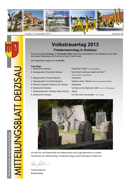 Gemeindemitteilungsblatt vom 15.11.2013 Gemeinde Deizisau Gemeindemitteilungsblatt vom 15.11.2013 Gemeinde Deizisau