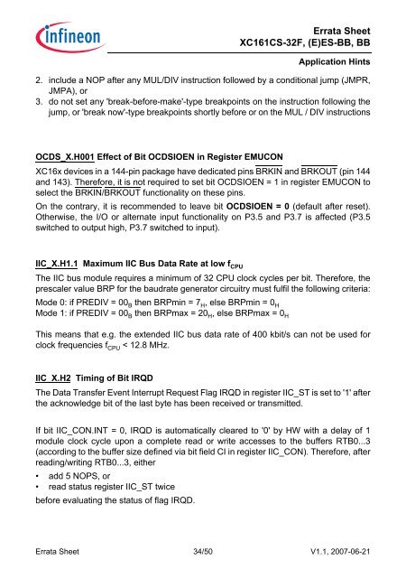 Errata Sheet - Infineon