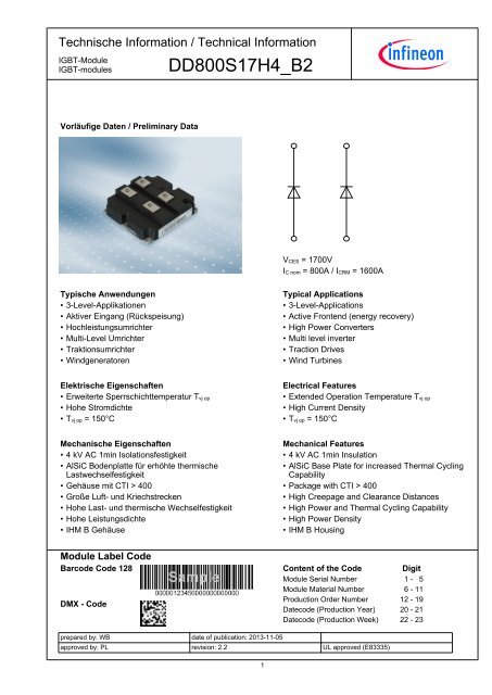 Datasheet / Datenblatt DD800S17H4_B2 - Infineon