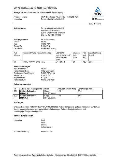 GUTACHTEN zur ABE Nr. 46705 nach §22 StVZO Anlage 23 zum ...