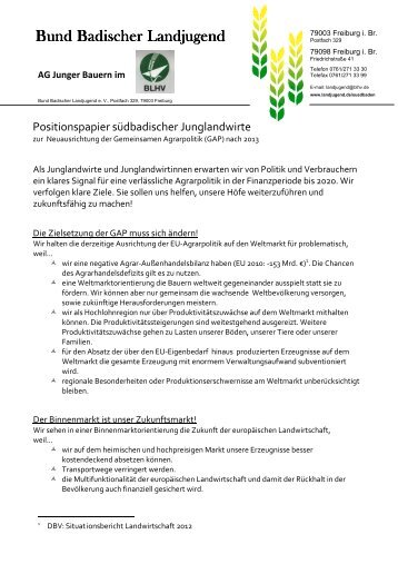 Positionspaier GAP nach 2013 - Bund Badischer Landjugend eV