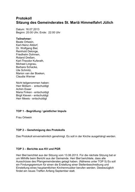 Protokoll der Sitzung vom 16.07.2013 - Propsteipfarrgemeinde St ...