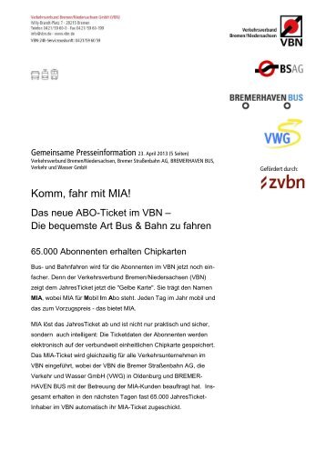 23.04.2013 Komm, fahr mit MIA - Das neue ABO-Ticket im VBN!