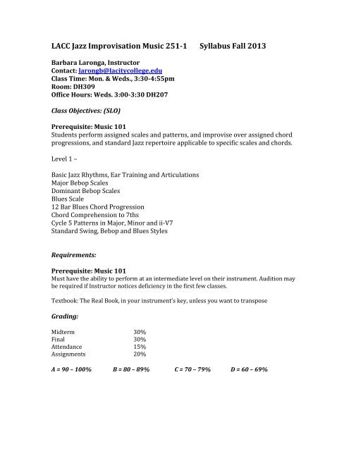 LACC Jazz Improvisation Music 251-1 Syllabus Fall 2013