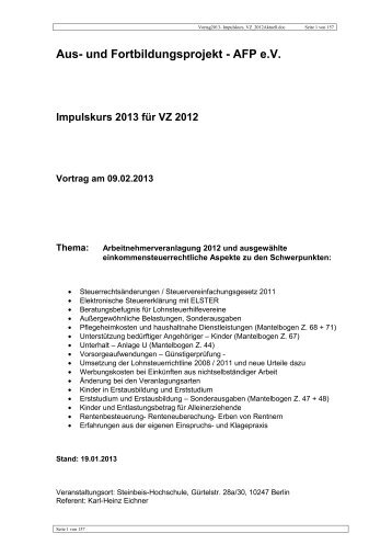 Vortrag 2013 - Impulskurs VZ 2012 - Lohnsteuerhilfeverein ...