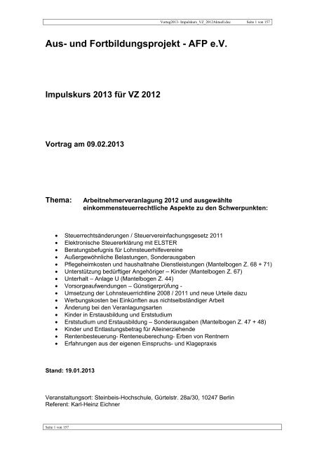 Vortrag 2013 - Impulskurs VZ 2012 - Lohnsteuerhilfeverein ...