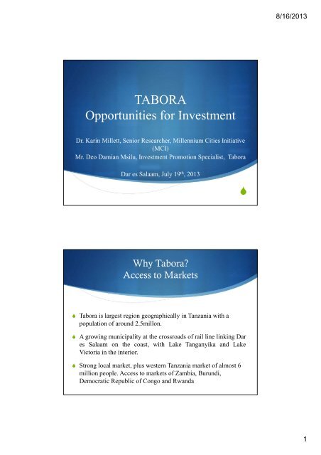 Tabora Opportunities for Investment - Millennium Cities Initiative