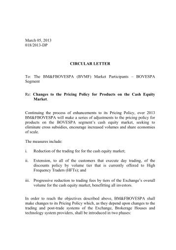 Circular Letter – Changes to the Pricing Policy for ... - BM&FBovespa;