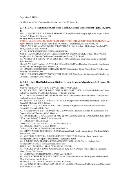 Ergebnisse 2 Hj 2011 Collie Langhaar Infohund