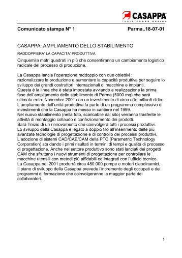 Comunicato stampa N° 1 Parma .18-07-01 CASAPPA ...