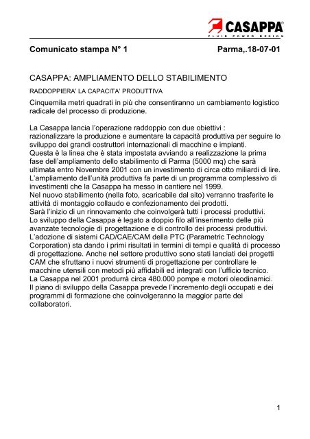 Comunicato stampa N° 1 Parma .18-07-01 CASAPPA ...