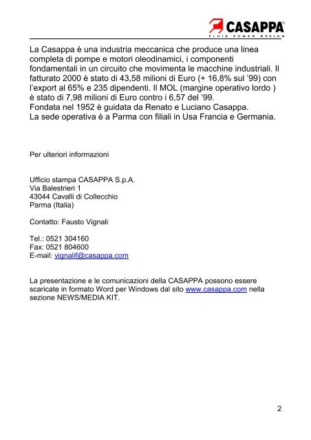 Comunicato stampa N° 1 Parma .18-07-01 CASAPPA ...