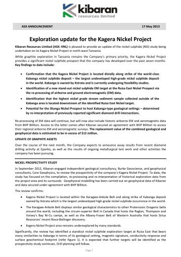 Exploration update for the Kagera Nickel Project - Kibaran Resources