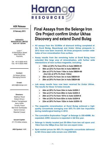 Final Assay Results from Selenge Iron Ore Project Drilling - Haranga ...