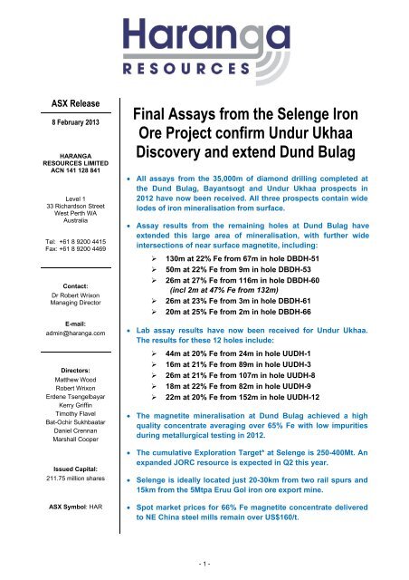 Final Assay Results from Selenge Iron Ore Project Drilling - Haranga ...