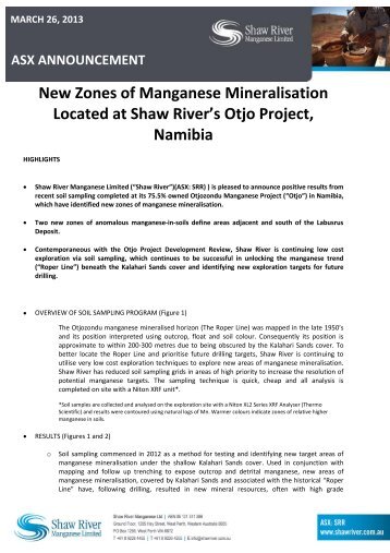 New Zones of Mineralisation Located at Otjo Project - Shaw River ...