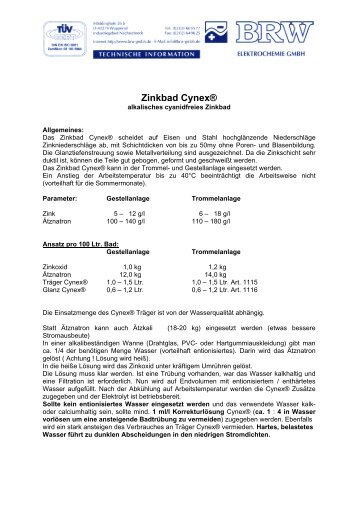 Zinkbad Cynex® - BRW Elektrochemie GmbH & Co KG