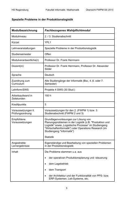 Angebot FWPM - Hochschule Regensburg