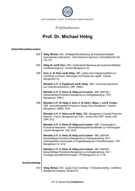 Publikationen Prof. Dr. Michael Höbig