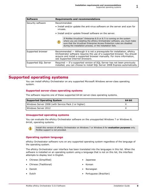 ePolicy Orchestrator 5.0 Installation Guide - McAfee