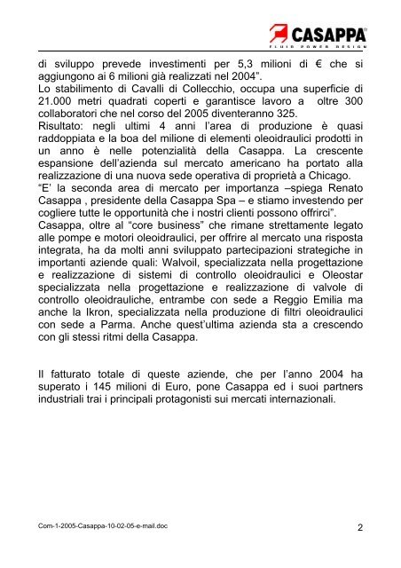 Comunicato stampa N° 1/2005 Parma, 10-02-05 Laurea ad - Casappa