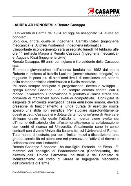 Comunicato stampa N° 1/2005 Parma, 10-02-05 Laurea ad - Casappa