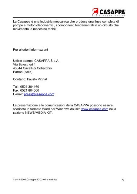 Comunicato stampa N° 1/2005 Parma, 10-02-05 Laurea ad - Casappa