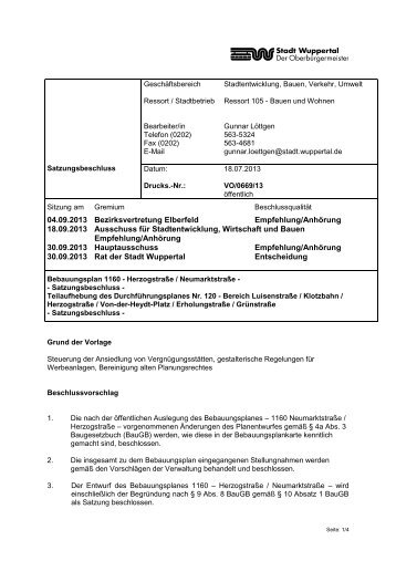 Bebauungsplan 1160 - Drucksache ... - Stadt Wuppertal