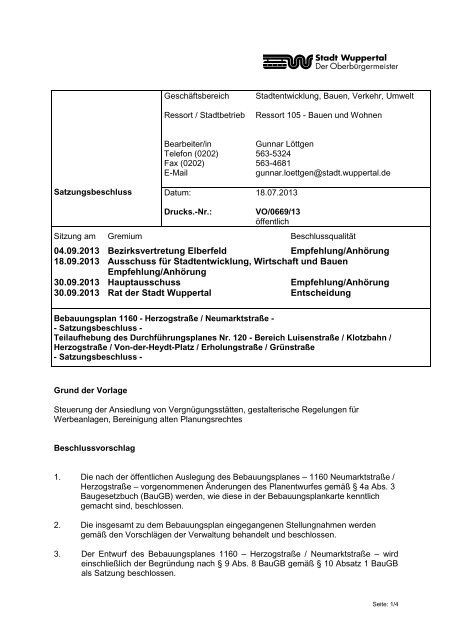 Bebauungsplan 1160 - Drucksache ... - Stadt Wuppertal