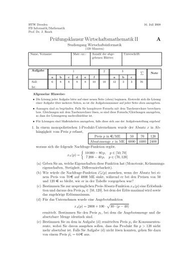 Prüfungsklausur Wirtschaftsmathematik II A - Fakultät Informatik ...